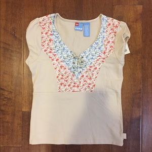 Roxy tan floral lace up boho top cottagecore